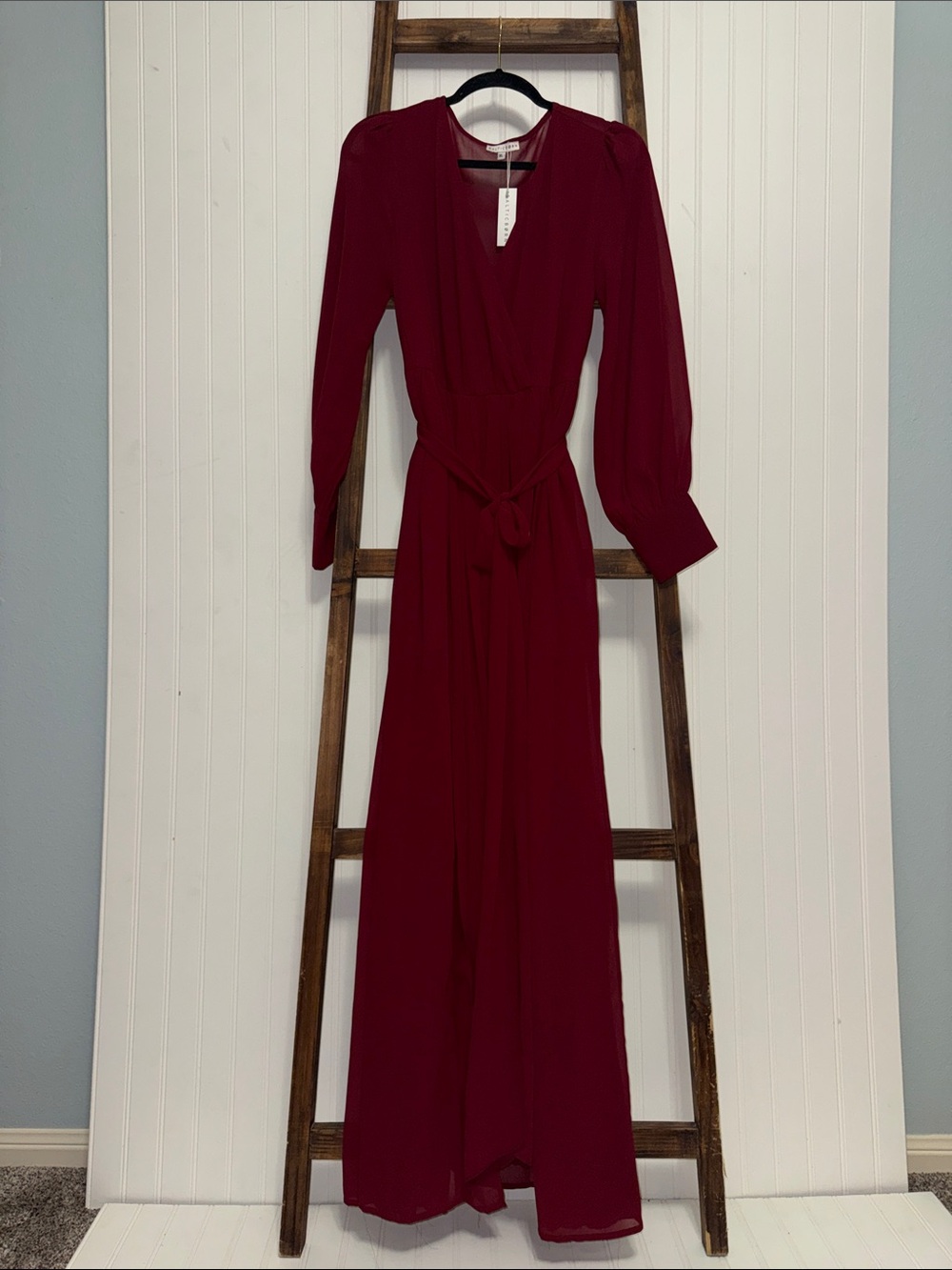 Baltic Born Celine Long Sleeve Maxi Dress with Elastic Tie Waist - Red Wine